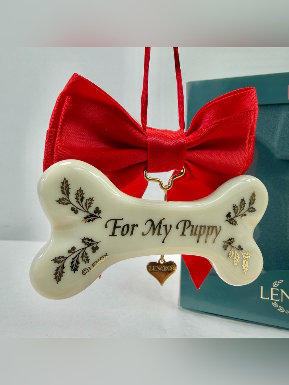 NOS Lenox“For My Puppy” Porcelain Dog Bone Ornament with Red Bow and Gold Heart